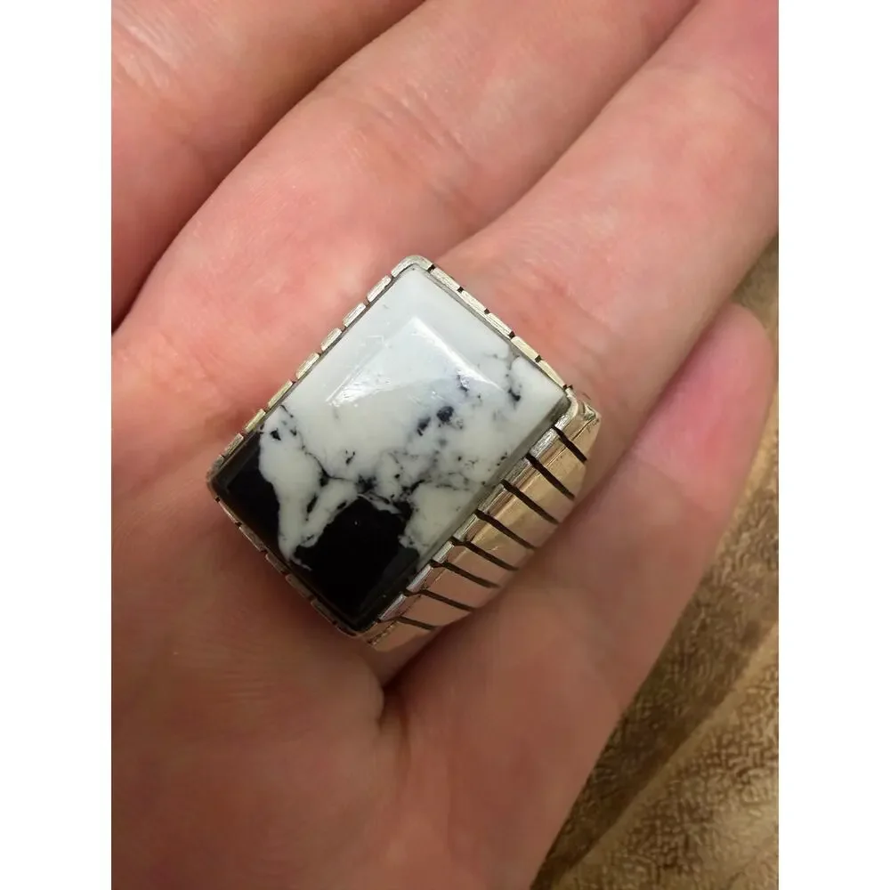 Navajo White Buffalo Turquoise Men's Ring Size 10 Silver  Sterling - Trevor Jack